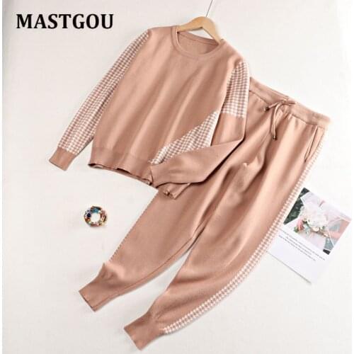 MASTGOU Autumn Winter Women 2 Piece Sets Houndstooth Tracksuits Workout Clothes O Neck Sweatshirts Drawstring Joggers Pant Suits