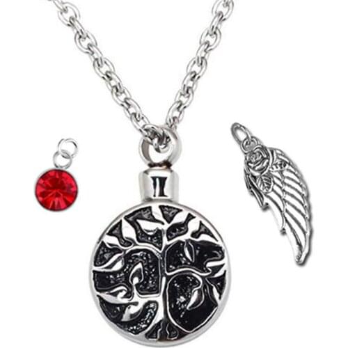 Cremation Jewelry - Tree of Life Necklace Birthstone Urn Pendant - Memorial Ashes Keepsake Angel wings