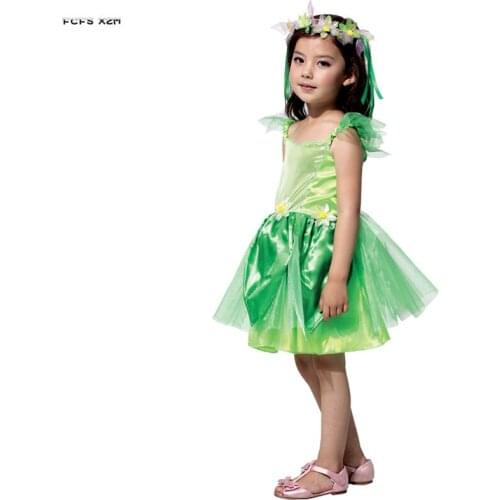 M-XL Green Cute Girls Fairy Elves Cosplay Kids Children Halloween Genius Costume Carnival Purim Stage Show Role play party dress