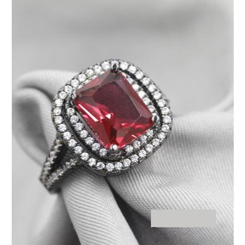Fashion CZ Flower Shiny Red Ring Red Garnet Women Charming Engagement Jewelry Black Gold Filled Promise Rings HJ03