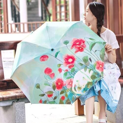 Fashion Art Illustration Flower & White Cat Sun Umbrella for Lady 4 Folding Thickening 8 Rib Creative Sunshade Women Umbrellas
