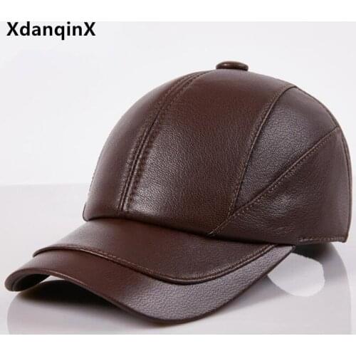 XdanqinX New Autumn Mens Natural Genuine Leather Hat Sheepskin Baseball Cap Snapback Cap Adjustable Size Casual Brand Black Cap