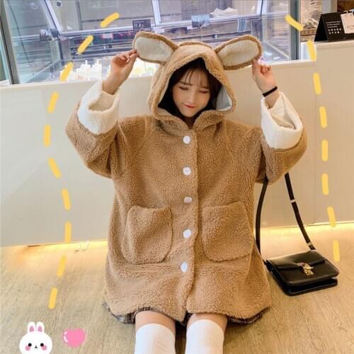 2020 Autumn Winter Thick Warm Soft Hooded Jacket Female Pocket Overcoat Bear Teddy Coat Plush Overcoat Clothes For Teenagers