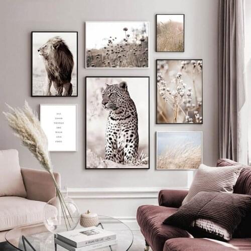 Scandinavian Poster Print Reed Nature Landscape Canvas Painting Leopard Lion Animal Wall Art Picture Nordic Style Home Decor