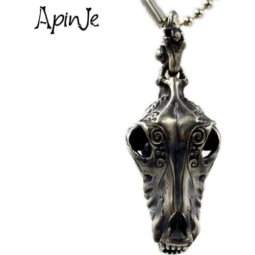Apinje Real Vintage Chain 925 Sterling Silver Skull Pendant Men Animal Skull Necklace Pendant Punk Gothic Man Biker Jewelry