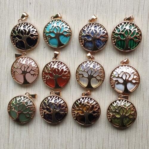 Fashion mix natural stone golden alloy tree of life Pendants for jewelry accessories marking free shipping Wholesale 12pcs/lot