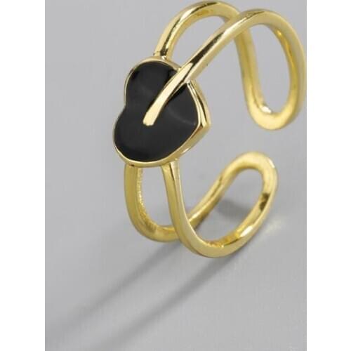 Simple Female Double Curved Lines Adjustable Ring Fashion Black Heart Opening Rings for Women Girls Valentines Day Gift