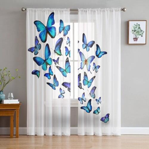 Blue Animal Butterfly Flower Butterfly Window Tulle Curtains for Living Room Bedroom Hotel Luxury Decoration Sheer Curtains