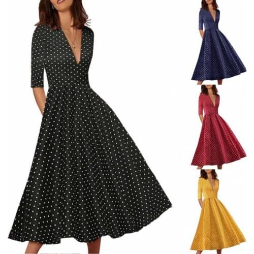 Spring/Summer 2021 new deep V neckline sexy party woman mid-sleeve wave dot print pleated mid-length dress women