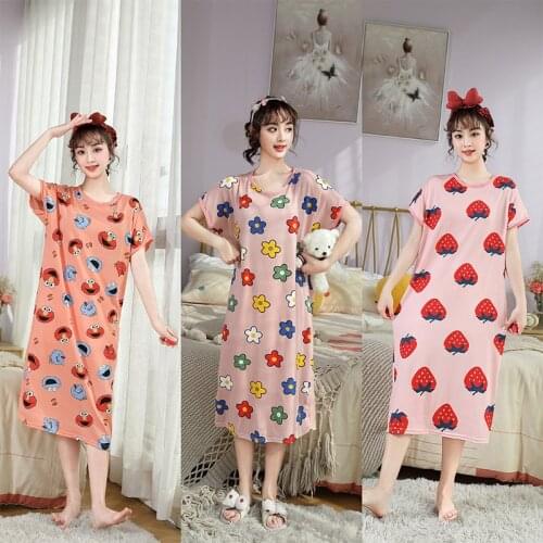 Short-Sleeved Womens Sleepwear Imitation Silk Night Gowns Summer Cartoon Nightgowns Home Wear Girls Sleep Lounge Sleeping Dress