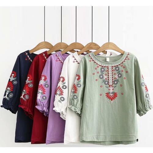 Plus Size Summer Short Sleeve O-Neck Ethnic Boho Blouses Women 2019 Embroidery Floral Hippie Ladies Tops Blusas Mujer 5 Colors