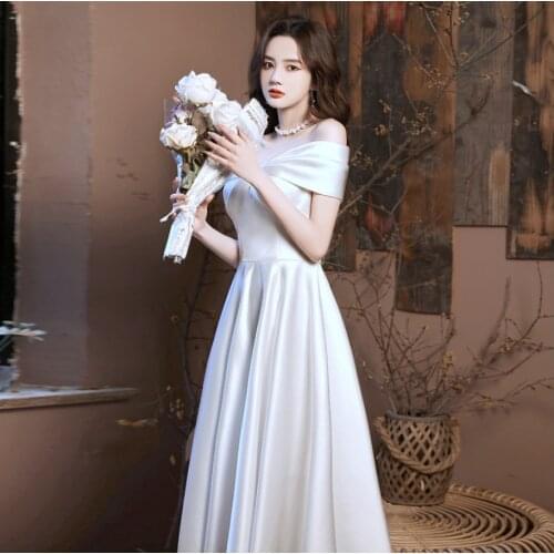New Simple Bride Dress Reception Tea Length Satin Sexy Off the Shoulder bestido novia Graduation Party Gown платье на выпускной
