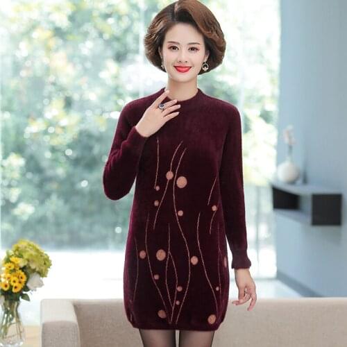 Women mitation Mink Velvet warm Dresses 2020 Autumn winter Knitted Sweater dress lady long Sleeve mothers floral wool Dress