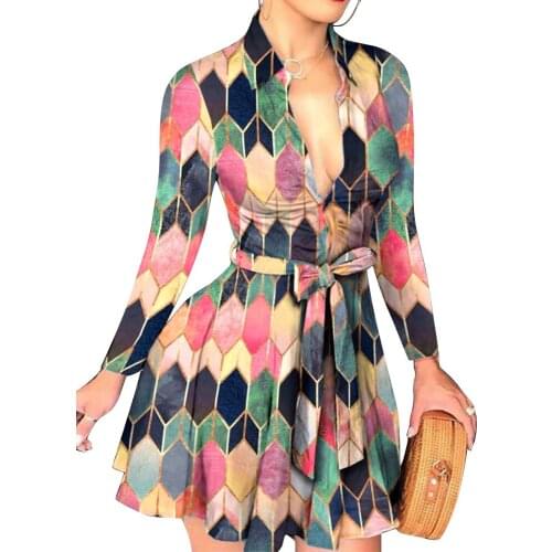 Fashion Mini Elegant Women Dress Autumn Spring Long Sleeve Dresses Office Lady Belt Deep V Neck Casual Work Shirt Dress D30