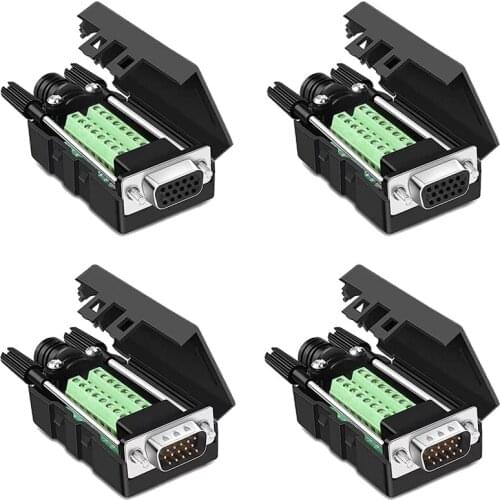 4Packs VGA DB15 3 Row Solderless Male/Female Quick Connector, 3+9 D-SUB 15 Pin Port Terminal Breakout Connector Board