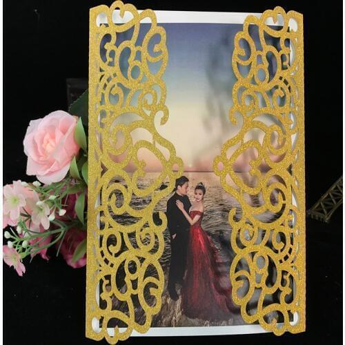 Free Shipping 1X Gold/Silver Glitter Hollow heart Flower laser cut pocket invite wedding invitation card pocket Envelope ribbon