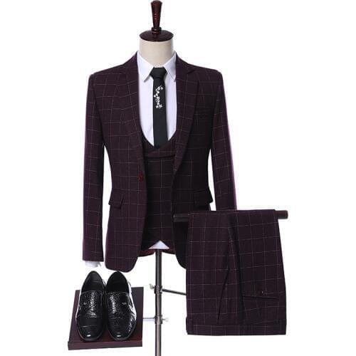 Business Men Wedding Suits 2019 Custom Made Formal Groom Tuxedos Slim Fit Fashion Dark Purple Plaid Wool Suits For Men 3 Pieces