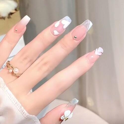 White Heart Fake Nails with Designs Gradient Rhinestone Pearl Coffin Artificial Nails Tips Bow Long Ballerina False Nail Z1348