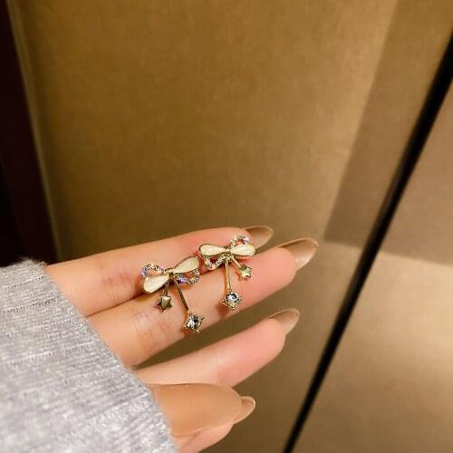 Korean Bowknot Bling Stars Rhinestone Stud Earrings for Women Simplicity Trendy Luxurious Jewelry Girls Elegant Crystal Ear Stud