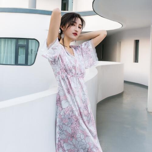 Summer Ice Silk Sleeping Skirt Womens Nightgown Sleepwear Floral Sexy Nightwear Lace Dress Loose Comfortable Silk Home Clothing
