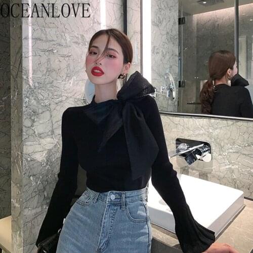 OCEANLOVE Pull Femme Flare Sleeve Bow Solid Slim Autumn Winter Clothes Women Sweaters Vintage Sweet 2021 Retro Pullovers