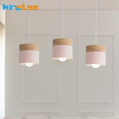 Nordic Restaurant Bar Pendent Lamp Colourful Dining Room Pendent Light Modern Simple Solid Oak Wood Iron Dimmable Downlight
