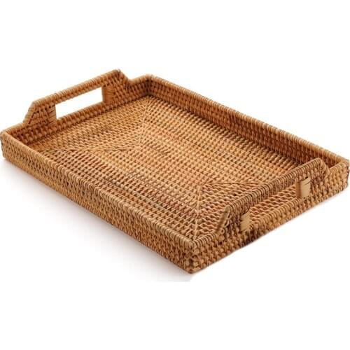 Practical Rattan Woven Storage Fruit Basket Candy Snack Snack Plate Cutlery Tray With Breakfast Bed Bar Dinner Rectangular 14.5X