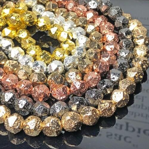 Natural Faceted KC Gold Lava Hematite Stone Beads Black Rock Volcanic Loose Spacer Beads For Jewelry Making Diy Energy Bracelets