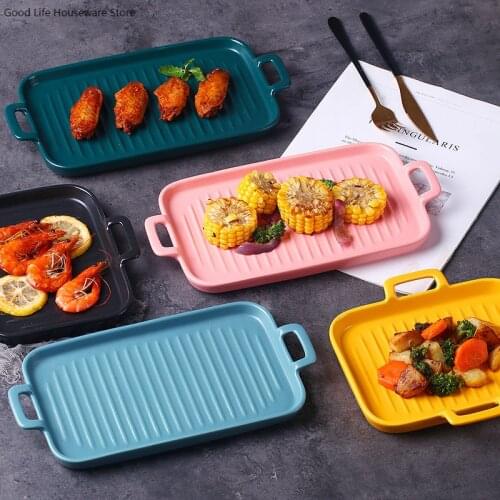 Rectangular Baking Tray Binaural Ceramic Baking Pan Barbecue Salad Plate Oven Kitchen Tableware Creative Dishes