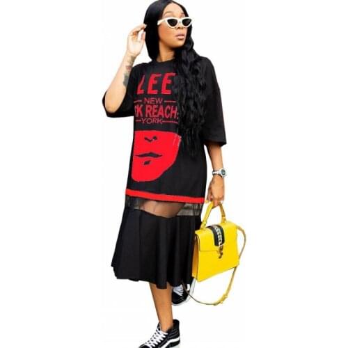 Mesh Patchwork Pleated Dresses Women Casual Half Sleeve Letters Print Black Loose Dress 2020 Autumn New Streetwear Dress Vestido