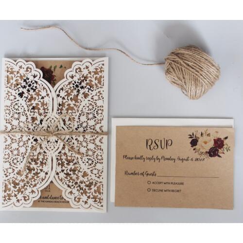 Laser Cut Wedding Invitation Rustic Wedding Invitation With RSVP, Off White Invitations for Wedding - Set of 50