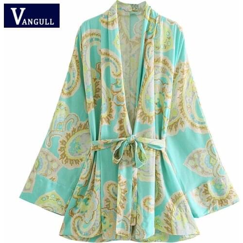 Vangull Vintage Bow Print Blouse Women Long Sleeve Tied Belt Loose Blouse Female Lace Up Wrap 2021 Summer Tops Blue Pleat Shirt