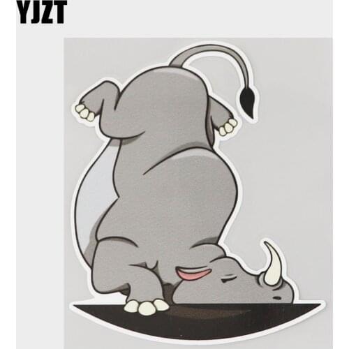 YJZT 11.1CM×13.9CM Decal Funny Gray Rhino Falling Upside Down PVC Car Sticker 11C-0257
