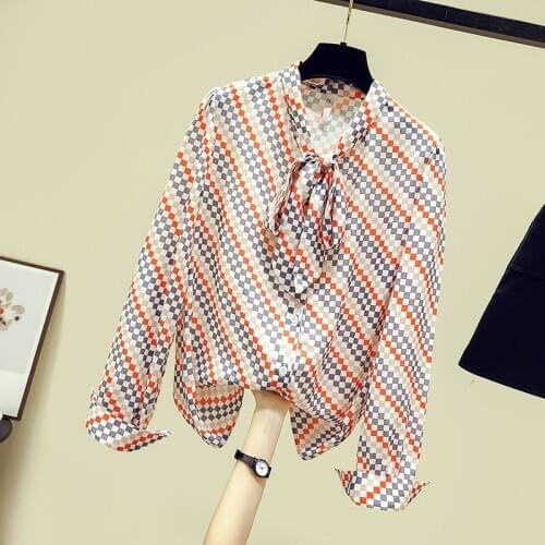 Luxury Design 2021 Autumn Fashion Womens Bow Chiffon Plaid Shirt Tops Long Sleeves Blouses Ladies Shirts A3792
