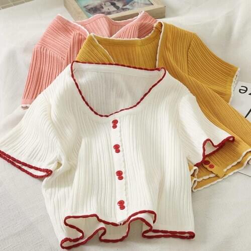 Knitted T Shirt Women Short Sleeve Ice Silk Pullover Knitwear Female V neck Shirt Thin Women Top High Waist Button Design Solid