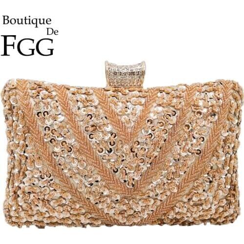 Boutique De FGG Women Gold Sequin Evening Bags Bridal Beaded Clutch Wedding Bag Ladies Party Ccoktail Purses and Handbags