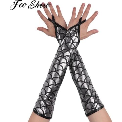 Womens Elbow Length Fingerless Gloves Shiny Metallic Fish Scales Printed Long Gloves Costume Night Club Dancewear Party Favors