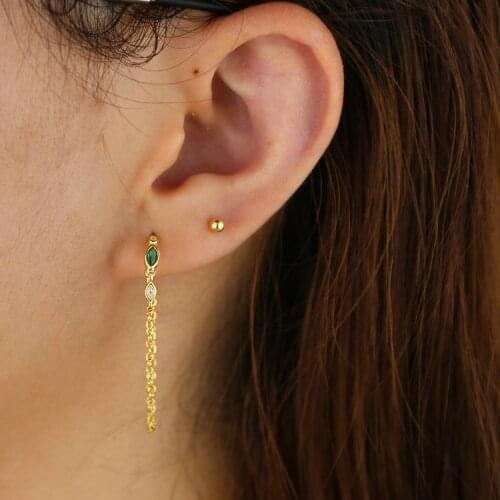 925 Sterling SILVER green white eye shape CZ earring with long chain tassel charm wedding earring jewelry