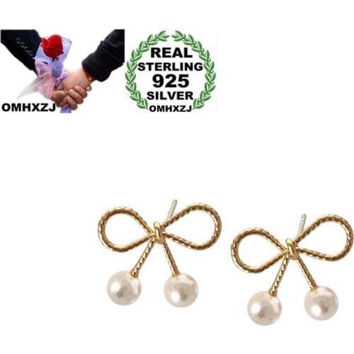 OMHXZJ Wholesale HS66 Fashion Fine Woman Girl Party Birthday Wedding Gift Bowtie Pearl 925 Sterling Silver Needle Stud Earrings
