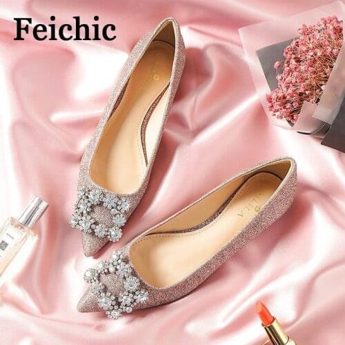 2021 new rhinestone pearl pointed toe flat shoes women high and low heel shallow mouth crystal sequin single shoes