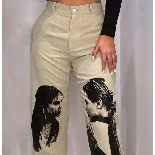 2021 Womens Fall New Portrait Printed Casual Corduroy Straight Pants Loose Casual Hot Pants