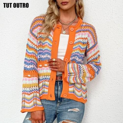 Cardigan Top Women Long Sleeve Single Breasted Decorated Rainbow Striped Patchwork Womens Sweater Autumn Winter Fashion 2021