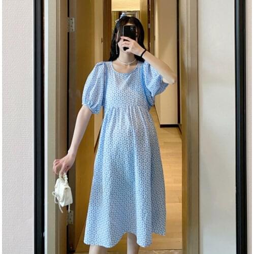 19880# Maternity Dress Summer Cotton Short Sleeves Loose Stylish A Line Dress Pregnant Women Mom Dress