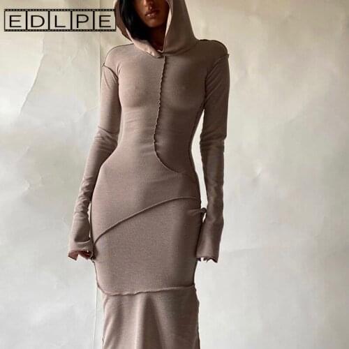 2021 Long Sleeve Hooded Patchwork Skinny Maxi Dress Y2k Accessories Streetwear Casual Outfits Vintage Bandage Dress