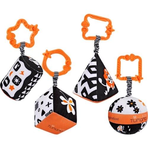 4pcs/Set Baby Rattles Black and White Stroller Toy for Car Seat Plush Rings Bed Hanging for Under 3 years old Newborn Infants