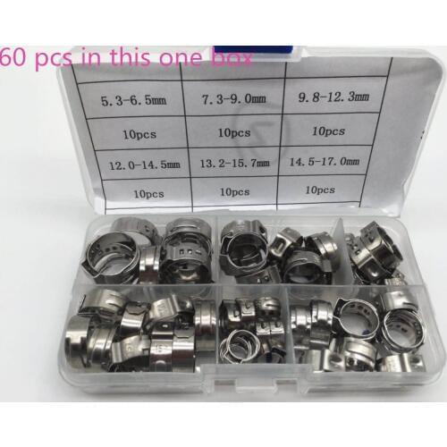 Free shipping Pipe Clamp High Quality 60 PCS Stainless Steel 304 Single Ear Hose Clamps Assortment Kit Single with box