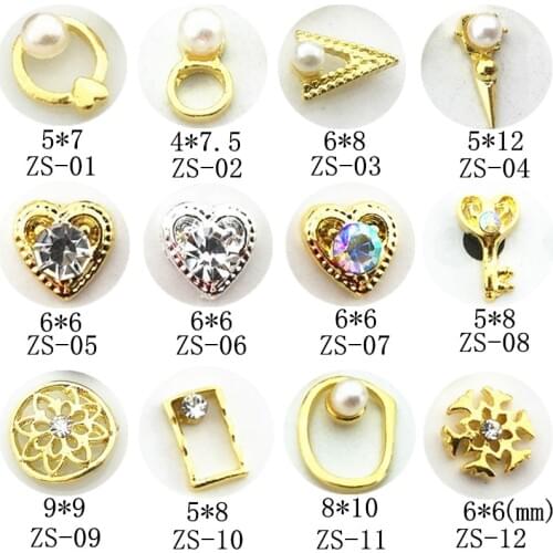 50pcs/pack Alloy Nail Art love heart key arrow snowflowe with rhinestone pear Metal Accessorie for Phototherapy Nail Sticker DIY