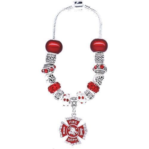 Double Nose Metal Alloy Crystal Big Hole Beads Red Cross Department Fire Dept FD Badge Bracelets For Wife Husband Souvenir Gifts