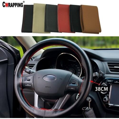 Car Leather Steering Wheel Cover Breathable Anti-slip Sleeve Protector Hand Sewing Braid Design With Needle & Thread Kit 15inch
