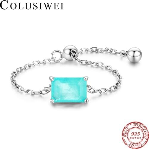 Colusiwei Classic 925 Sterling Silver Princess Cut Rectangle Tourmaline Adjustable Chian Link Finger Ring for Women Jewelry Gift